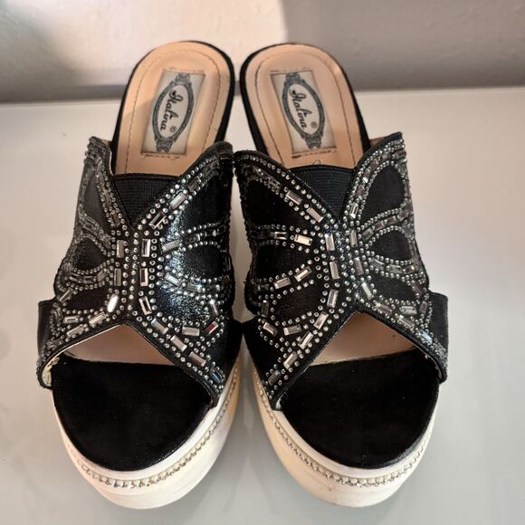 Italina Shoes - Italina Shoemakers Black Rhinestone Platform Wedge‎ Slide Sandals Womens EU 38